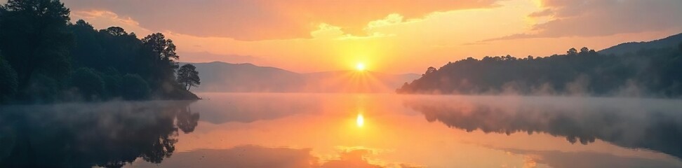Fototapeta premium Serene sunrise illuminates a tranquil landscape, mist rising gently from a still lake, reflecting the golden light; a peaceful scene ideal for meditation and mindfulness , energy, calm