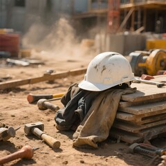 건설현장의흰색안전모와작업복