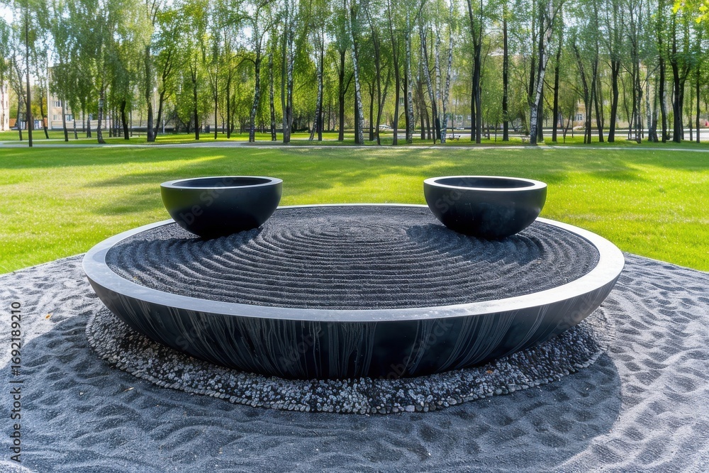 Poster a modern stone sculpture with circular patterns and two shallow bowls, set in a green park, creating