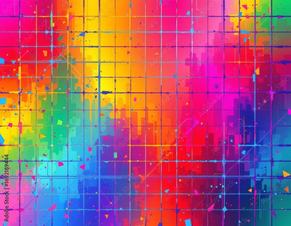 Poster the image features a vibrant, colorful grid with a variety of paint splatters and scattered fragment