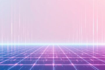 The image features a futuristic, digital landscape with a grid pattern extending into the distance, illuminated by neon pink and purple lines