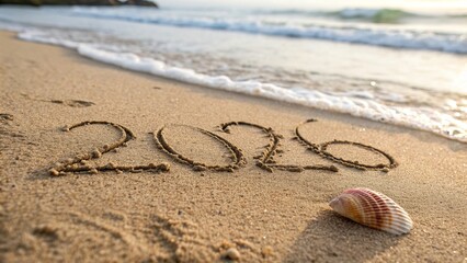 2026 Written in Sand with Seashell – Vacation and Travel Concept Banner