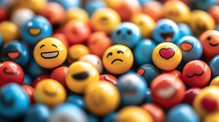 Closeup of colorful candies with various emoji faces, creating a playful and expressive background texture