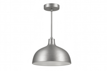 Sleek metallic pendant lamp suspended, illuminating contemporary interior with minimalist design against transparent backdrop