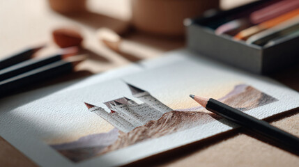 Watercolor castle painting in progress, artistic creation. Ideal for art blogs, education, creative projects,  illustrating imagination.