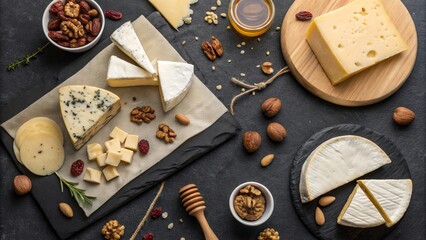 Fototapeta premium Assortment of Cheese with Nuts on Dark Background with Copy Space - 5