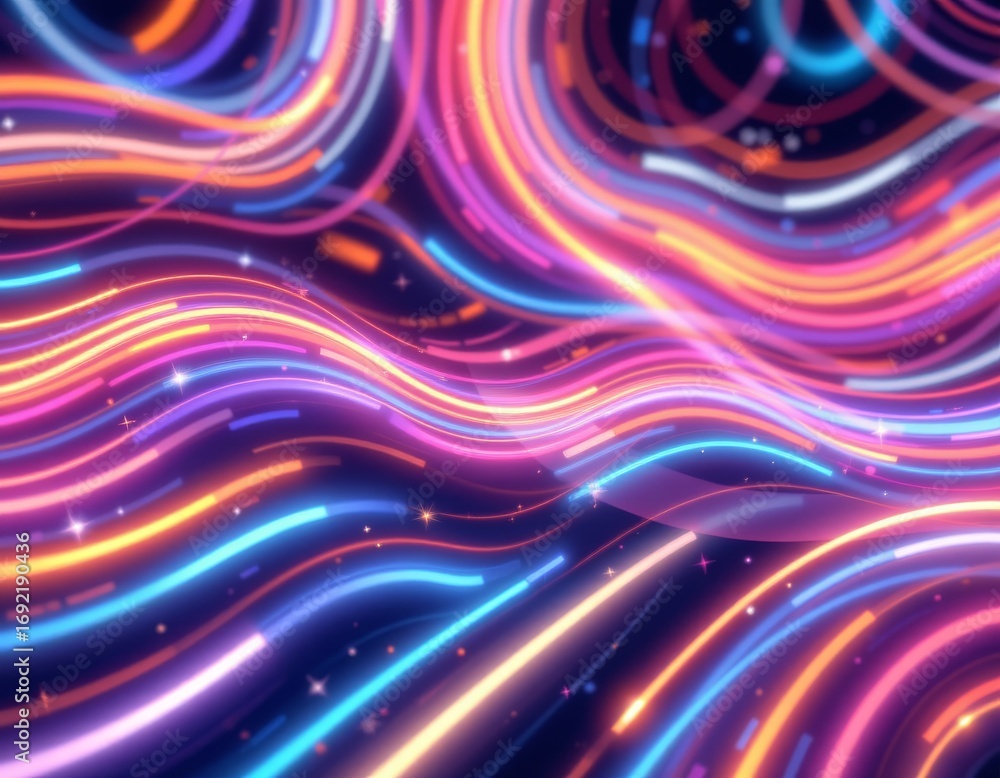 Poster the image features a dynamic display of colorful, flowing light streaks that resemble waves or strea