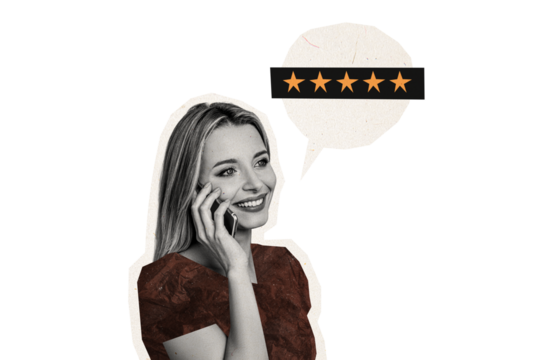 Composite photo collage of happy blonde girl hold iphone speak client feedback rank stars best quality isolated on painted background - Powered by Adobe