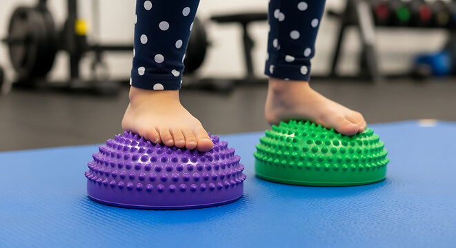 Little one's feet engaging with tactile balance pods, fostering motor skills and sensory integration