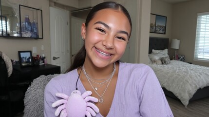 Quirky Mexican teen with fake fangs holds a plush spider in a bright bedroom while posing for the camera