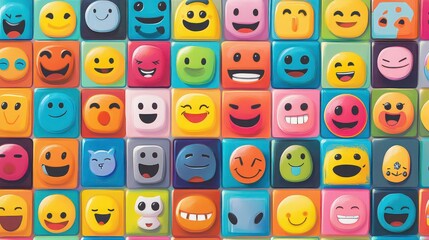 A colorful grid of pixelated emoji faces with various expressions and emotions in a square pattern