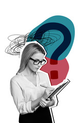 Vertical photo collage of serious businesswoman write notes pen clipboard question mark dilemma...