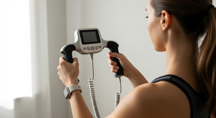 Young woman using a modern handheld body composition analyzer to track her health and fitness