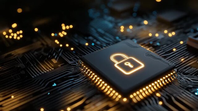 A computer chip with a key on it. The chip is black. Minimal conceptual AI chip with floating glowing padlock icon above it, ai governance ethics clean dark background
