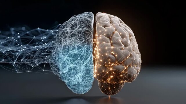 A brain is displayed with a wireframe of a brain.  Human brain hologram merging with AI brain hologram, conceptual symbolic futuristic lab, superintelligence labs, quantum ai development