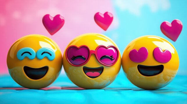 Three happy emoji faces with hearts and sunglasses on a vibrant pink and blue background