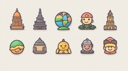 Pixel art set of world landmarks and people isolated on white background vector illustration