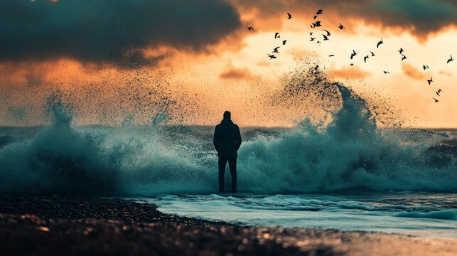 A lone figure stands on a beach as a powerful wave crashes behind them, with a flock of birds flying overhead against a dramatic sunset sky. - Powered by Adobe