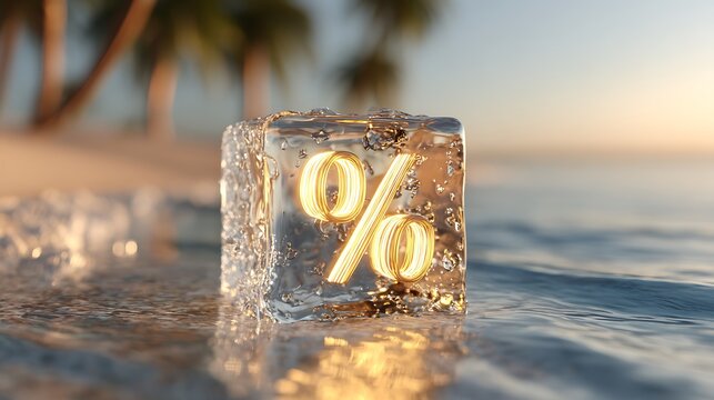 Neon glowing gold percentage sign inside ice cube on tropical beach. Warm sun light, ocean waves, palm trees in background. Concept for summer sale, hot discounts, travel. - Powered by Adobe