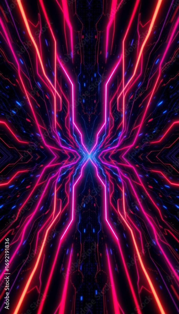 Poster the image features a vibrant display of neon light streaks converging towards the center, creating a
