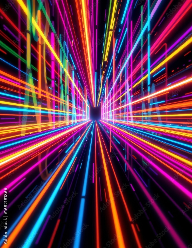 Poster the image depicts a vibrant, futuristic tunnel composed of multicolored neon light streaks radiating