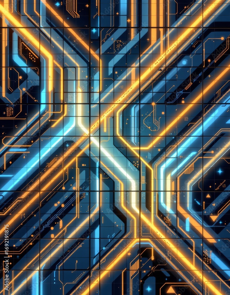 Poster the image depicts a highly stylized, futuristic circuit board or digital network with vivid blue and