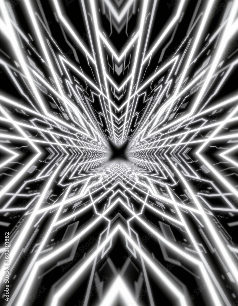 Poster the image features a dynamic and intricate design characterized by glowing white neon lines that for