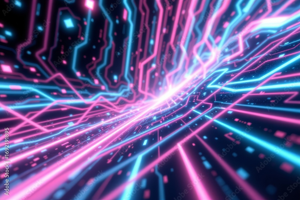 Poster the image depicts a futuristic digital landscape with vibrant neon lines and dots creating a tunnel 