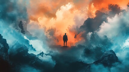 Fototapeta premium A lone figure stands on a mountain peak, surrounded by a dramatic, colorful sky filled with clouds.