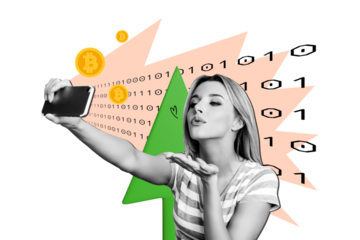 Composite photo collage of happy businesswoman send air kiss make selfie bitcoin miner cryptocurrency arrow isolated on painted background