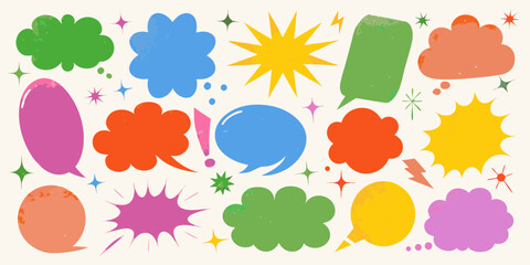 Fototapeta premium Collection of colorful retro speech bubbles and comic style elements on a cream background