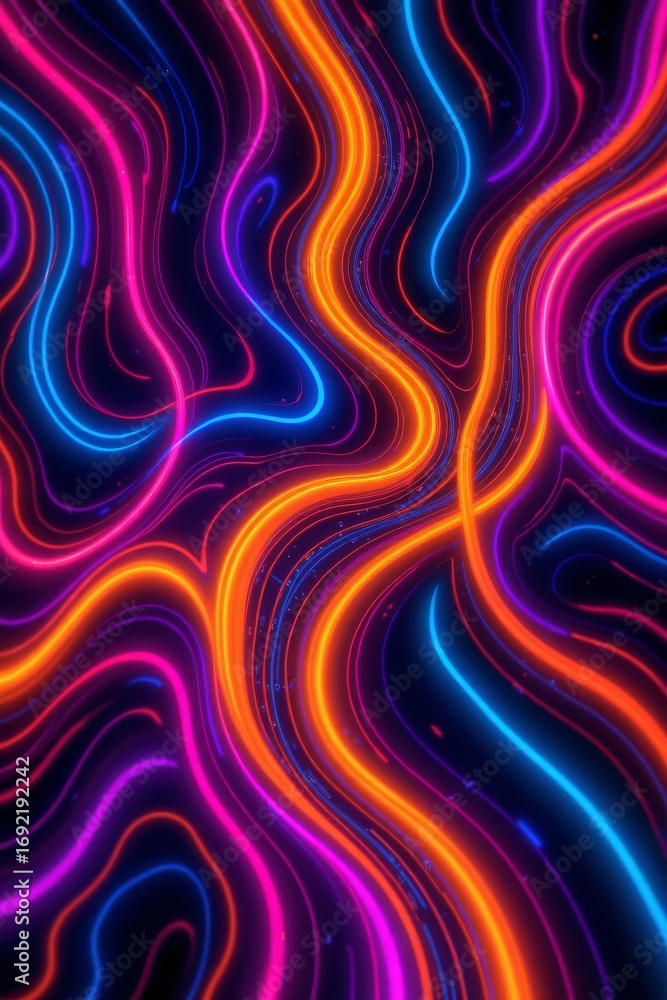 Poster the image features vibrant, glowing neon light trails flowing in various directions, creating an abs