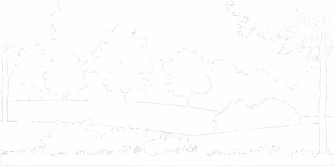 Minimalist line art drawing of a serene park landscape with trees and bushes