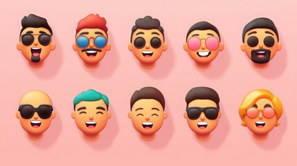 Collection of diverse emoji faces with different expressions and accessories on a pink background