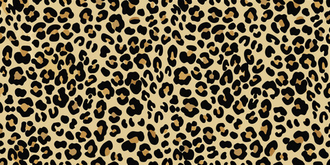 Seamless leopard print pattern with black spots on a tan background for fashion and design