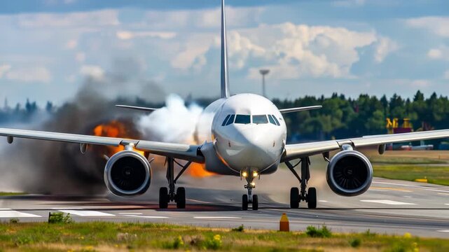 Airplane on fire during landing at airport runaway. Emergency situation. Dramatic scene