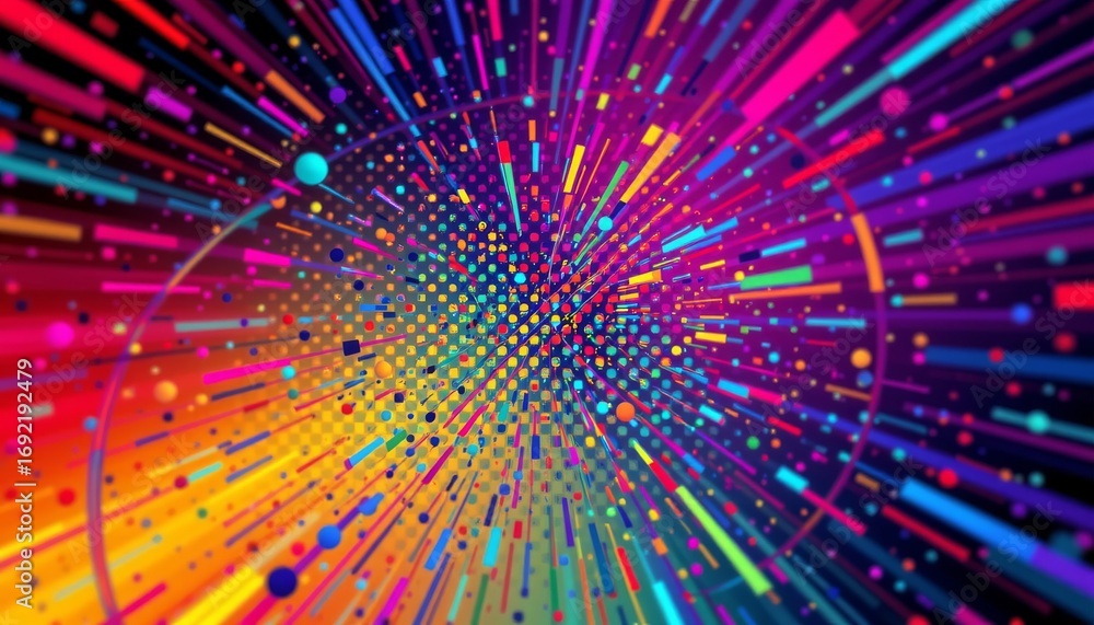 Poster the image features a dynamic display of multicolored lines, dots, and streaks radiating outward in a