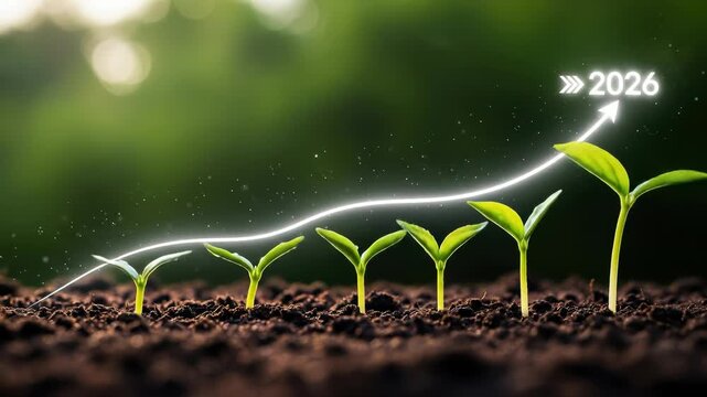 Happy new year 2026 growth concept with young plant sprout in soil, upward arrow showing positive future progress, success, and hope
