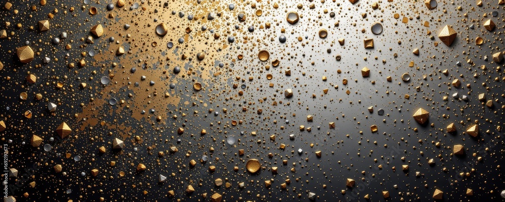 Poster the image features a dark surface scattered with numerous small, metallic, and matte geometric shape