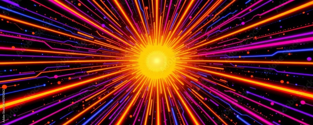 Poster the image features a bright, luminous central point emitting intense rays outward in all directions