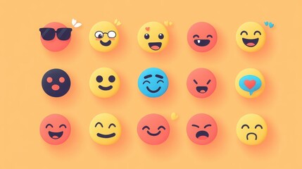 Collection of colorful emoji icons expressing various emotions, perfect for digital communication and social media