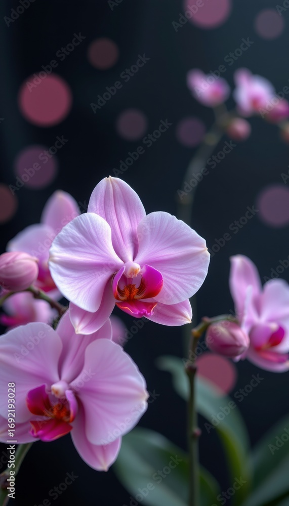 Poster the image features a close up view of delicate, pink orchids with intricate petal patterns