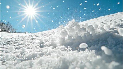 Bright Christmas sun shines over a snowy slope, capturing snowflakes in mid air against a clear blue sky, creating a sparkling scene winter video 4k - Powered by Adobe