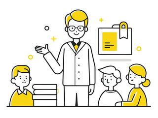 Teacher Giving Lecture with Students Line Art