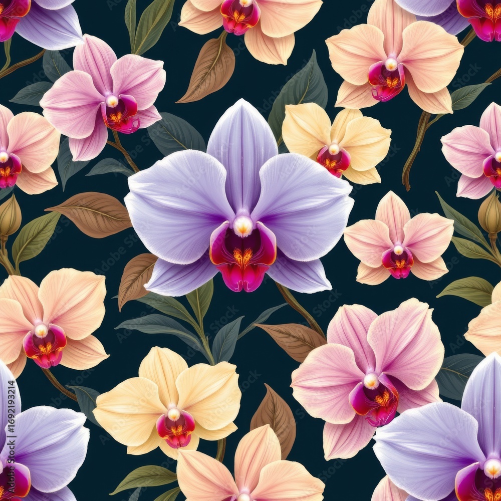 Poster the image features a repeating pattern of large, colorful orchids set against a dark background