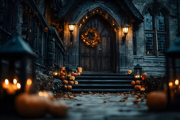Fototapeta premium Gothic Halloween Entryway with Pumpkins and Lanterns for Seasonal Decor