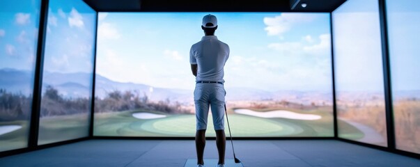 A golfer practices in a high-tech simulator, aiming for the perfect swing.