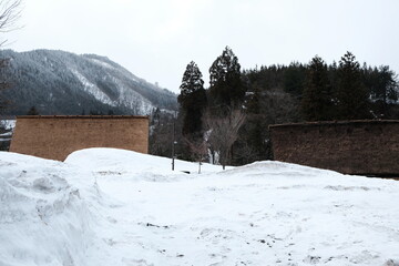 The scenery of the village after the snow in Shirakawa Village, Gifu, Japan