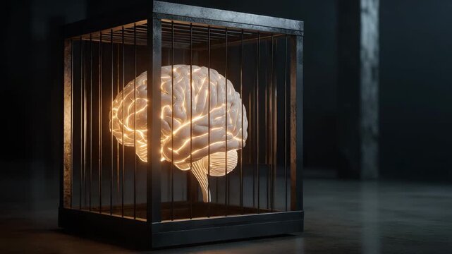 A brain is inside a metal cage. Symbolic glowing AI brain inside locked cage, conceptual ethics governance, ai governance ethics dramatic lighting, quantum ai development