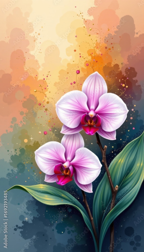 Poster the image features two large, vibrant orchids with soft pink petals that have a subtle gradient, tra
